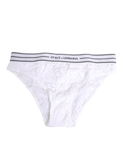 Dolce & Gabbana White Lace Slip Brief with Logo Waistband
