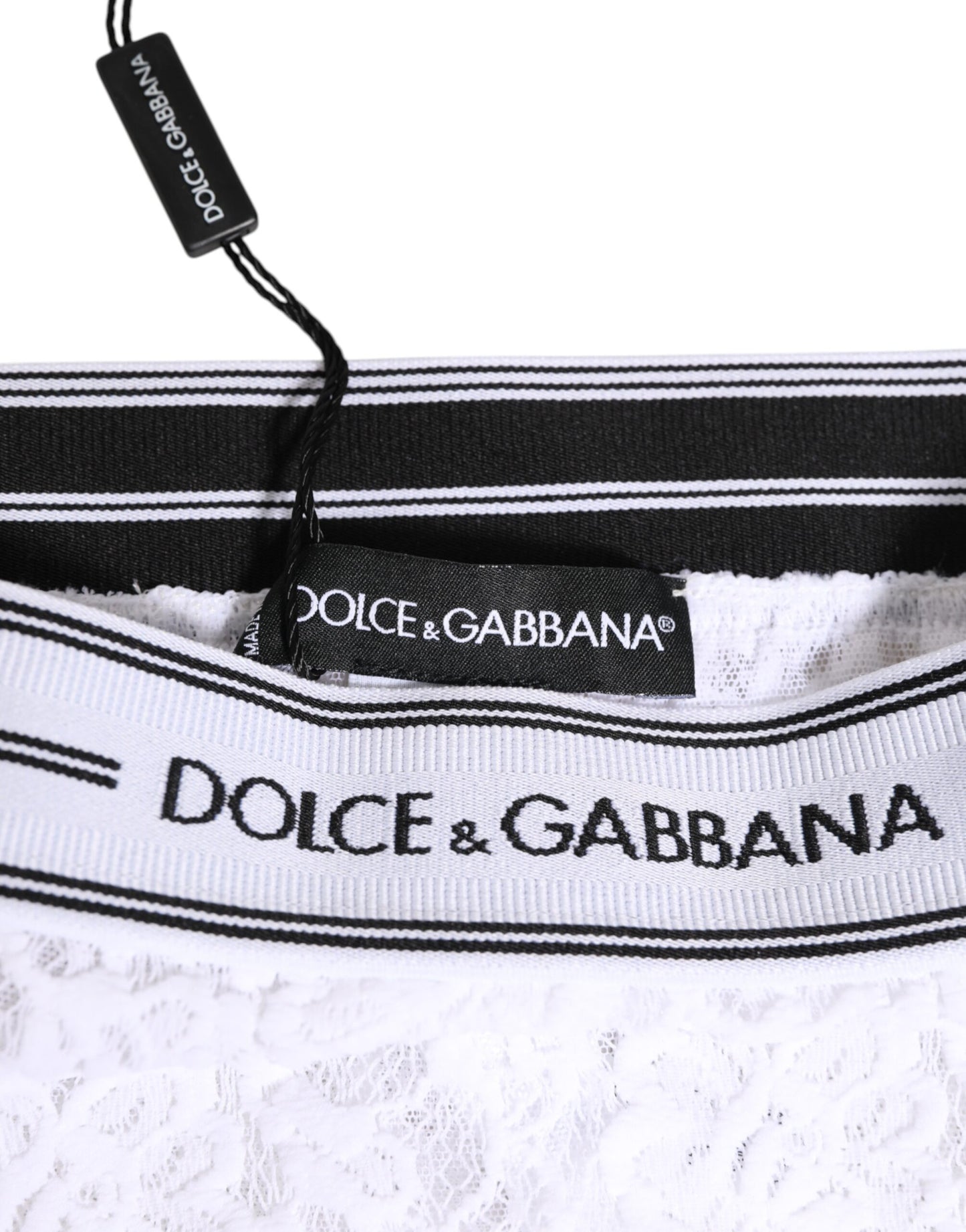 Dolce & Gabbana White Lace Slip Brief with Logo Waistband
