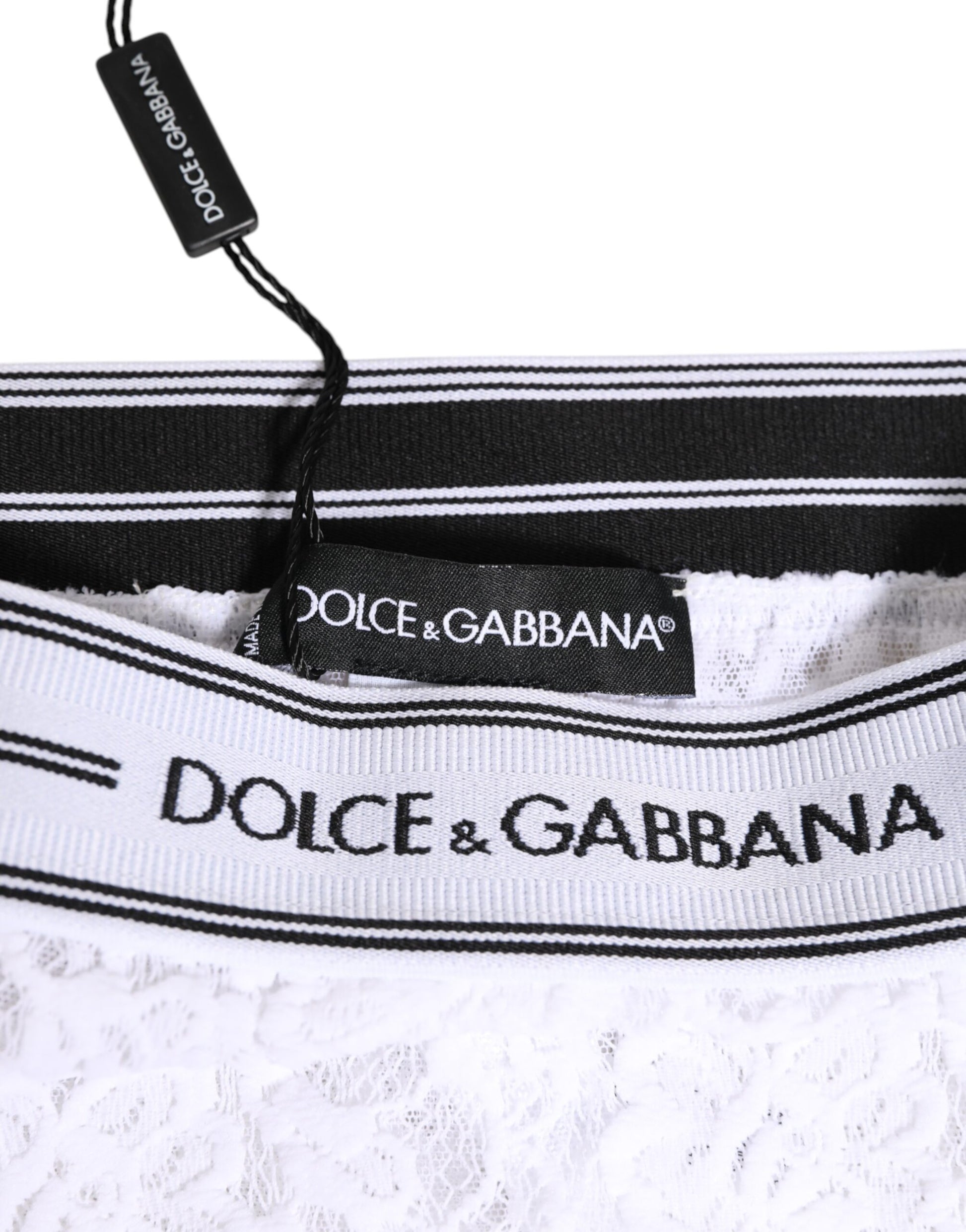Dolce & Gabbana White Lace Slip Brief with Logo Waistband
