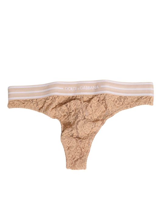 Dolce & Gabbana Beige Lace Logo Elastic Waist Thong Tanga Underwear