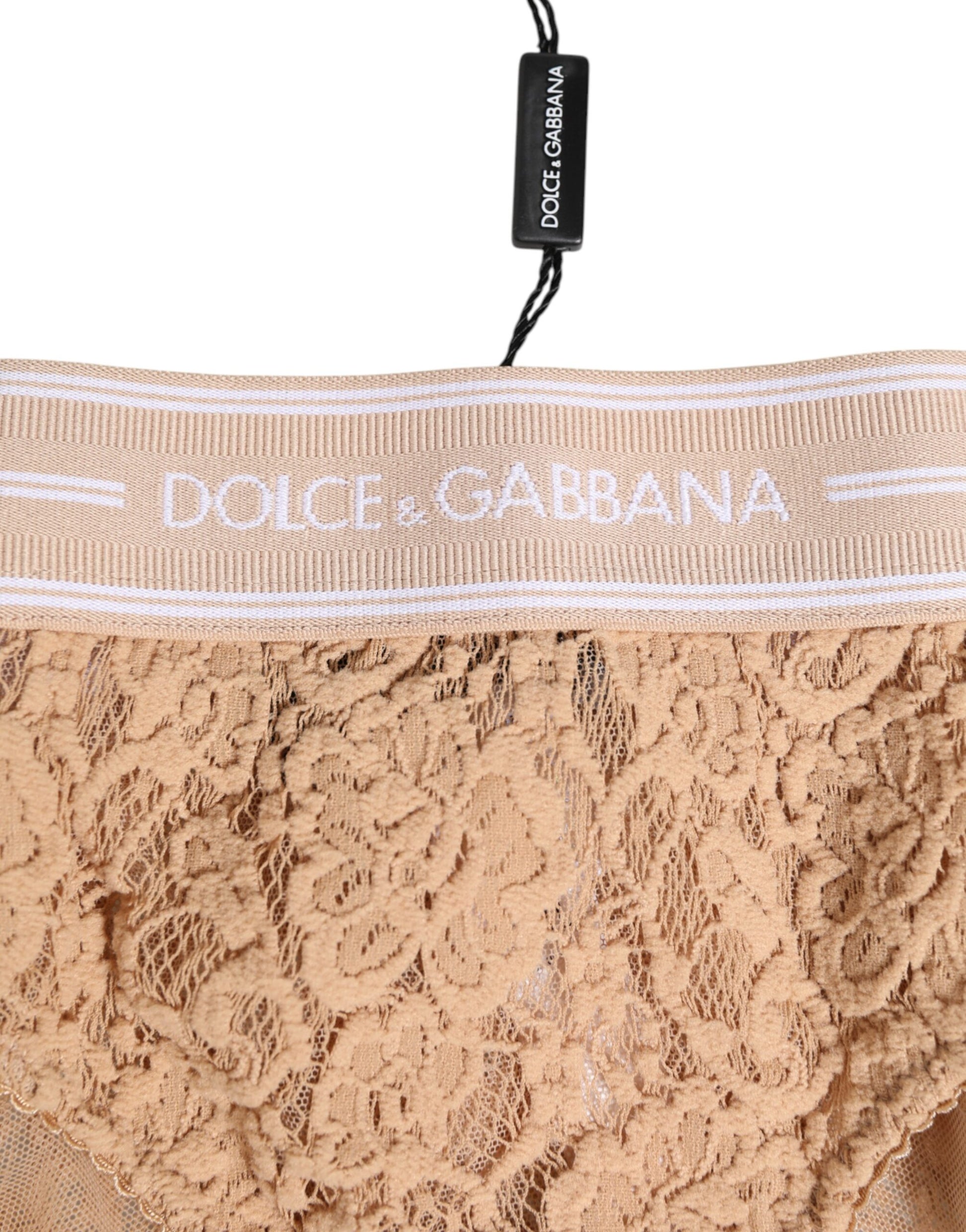 Dolce & Gabbana Beige Lace Brasiliano Briefs with Logo Waistband