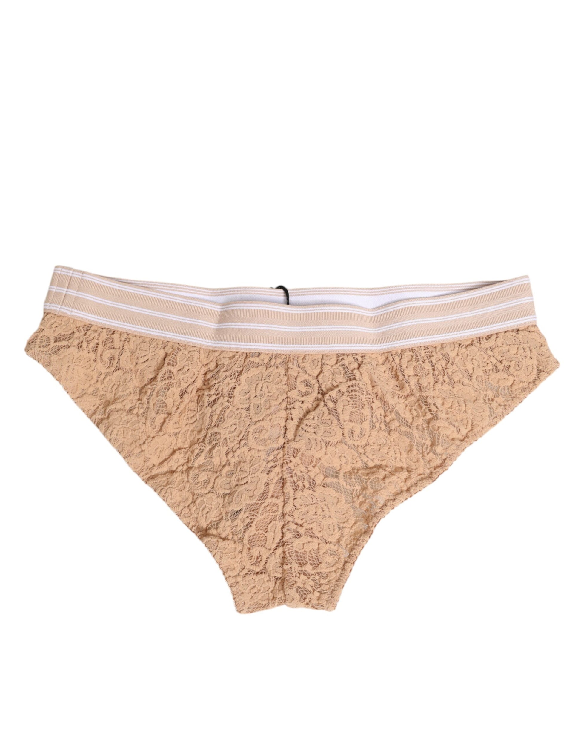 Dolce & Gabbana Beige Lace Brasiliano Briefs with Logo Waistband