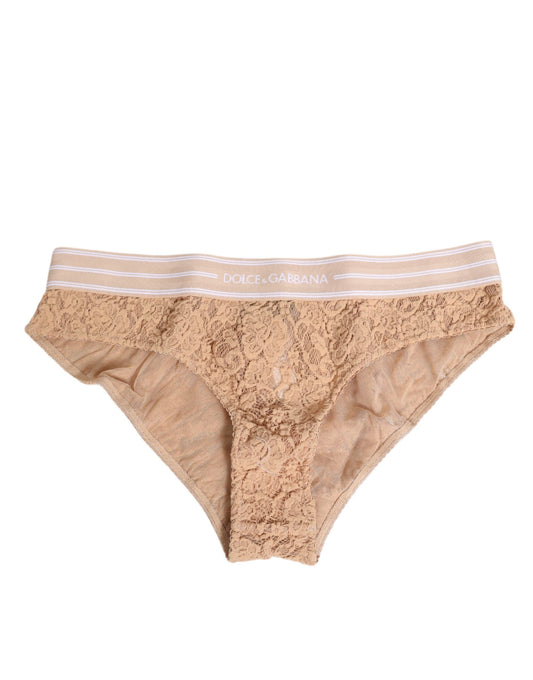 Dolce & Gabbana Beige Lace Brasiliano Briefs with Logo Waistband