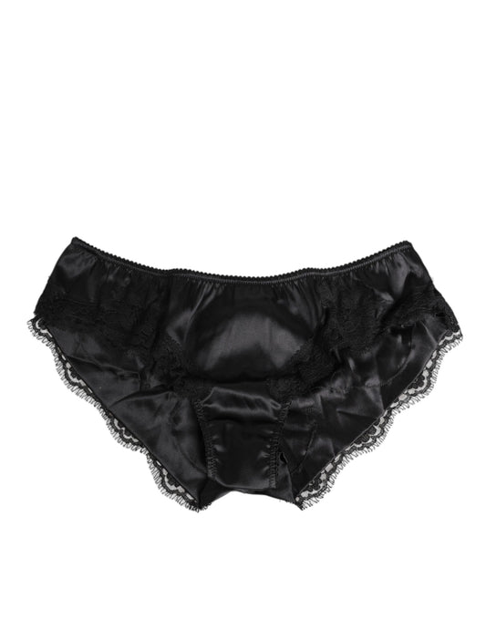 Dolce & Gabbana Black Silk Satin Lace Trim Panty