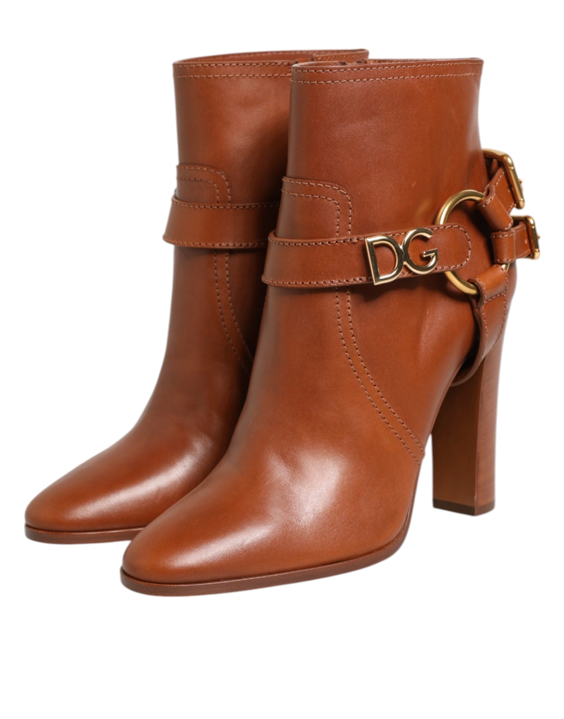 Dolce & Gabbana Brown Leather DG Logo Buckle Ankle Boots