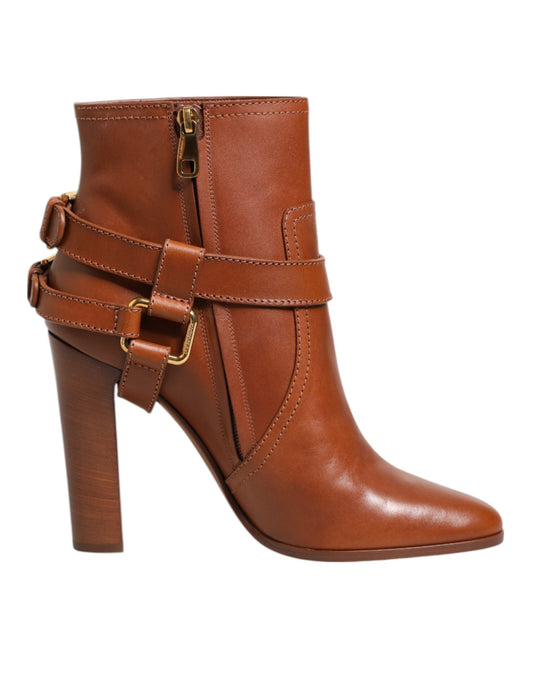 Dolce & Gabbana Brown Leather DG Logo Buckle Ankle Boots