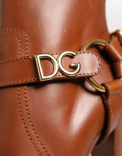 Dolce & Gabbana Brown Leather DG Logo Buckle Ankle Boots
