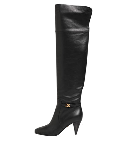 Dolce & Gabbana Black Leather Over-The-Knee DG Boots