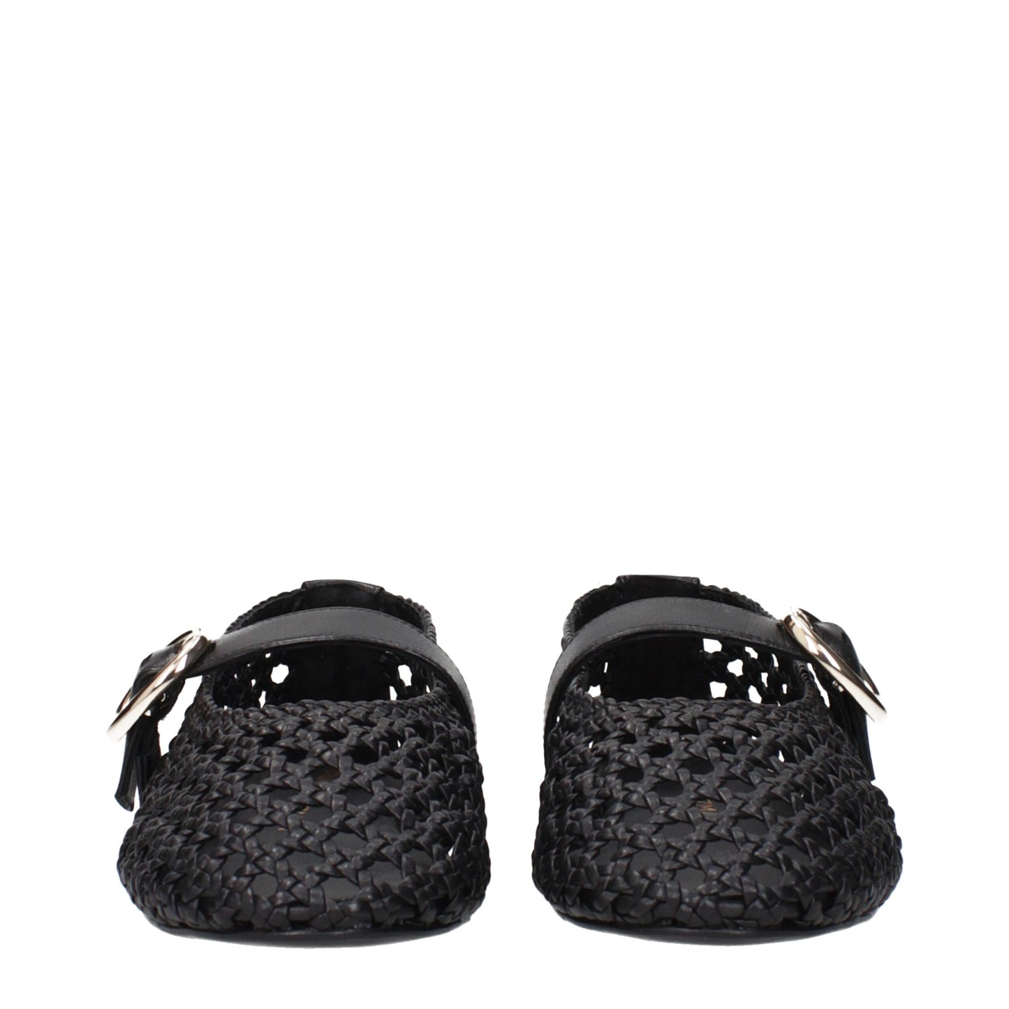 Stuart Weitzman Black Woven Leather Ballet Flats with Buckle