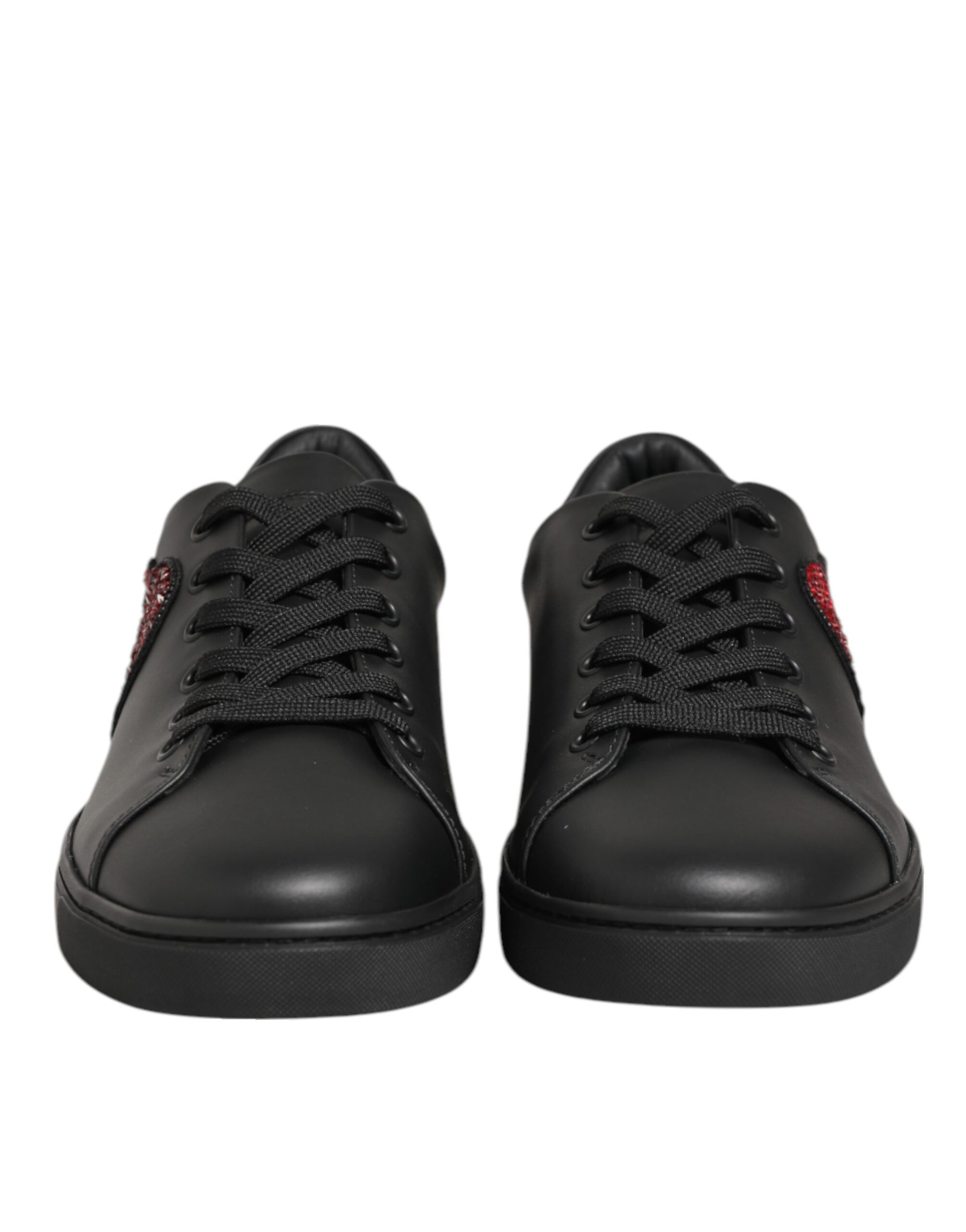 Dolce & Gabbana Black Leather Red Crystal Heart Sneakers for Women
