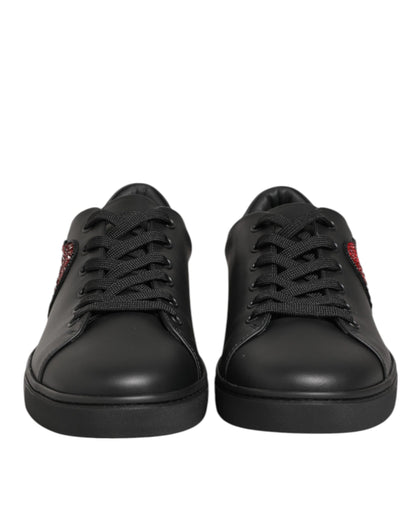 Dolce & Gabbana Black Leather Red Crystal Heart Sneakers for Women