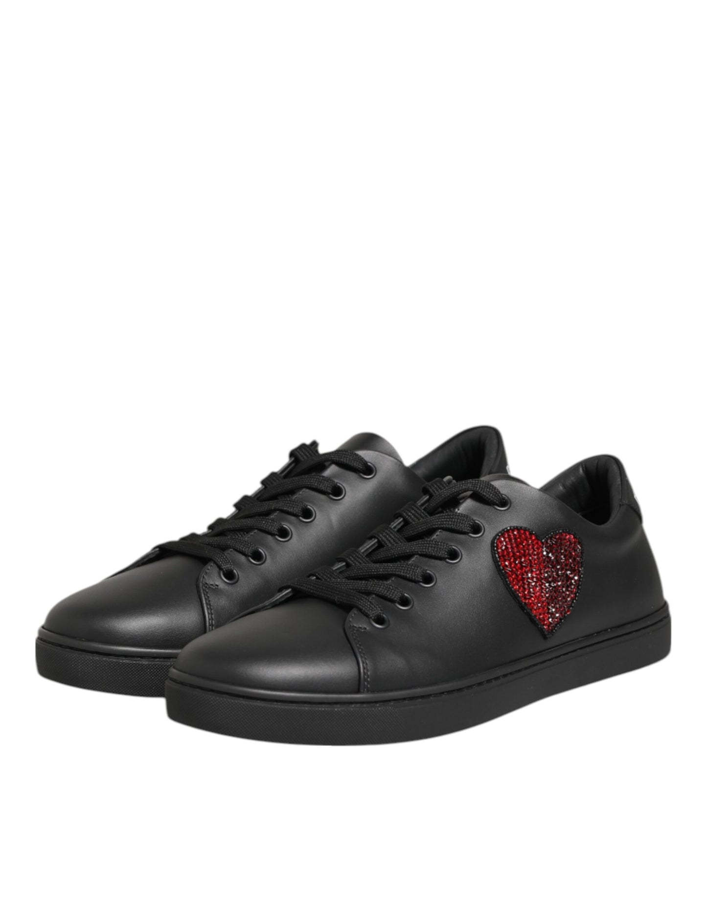 Dolce & Gabbana Black Leather Red Crystal Heart Sneakers for Women