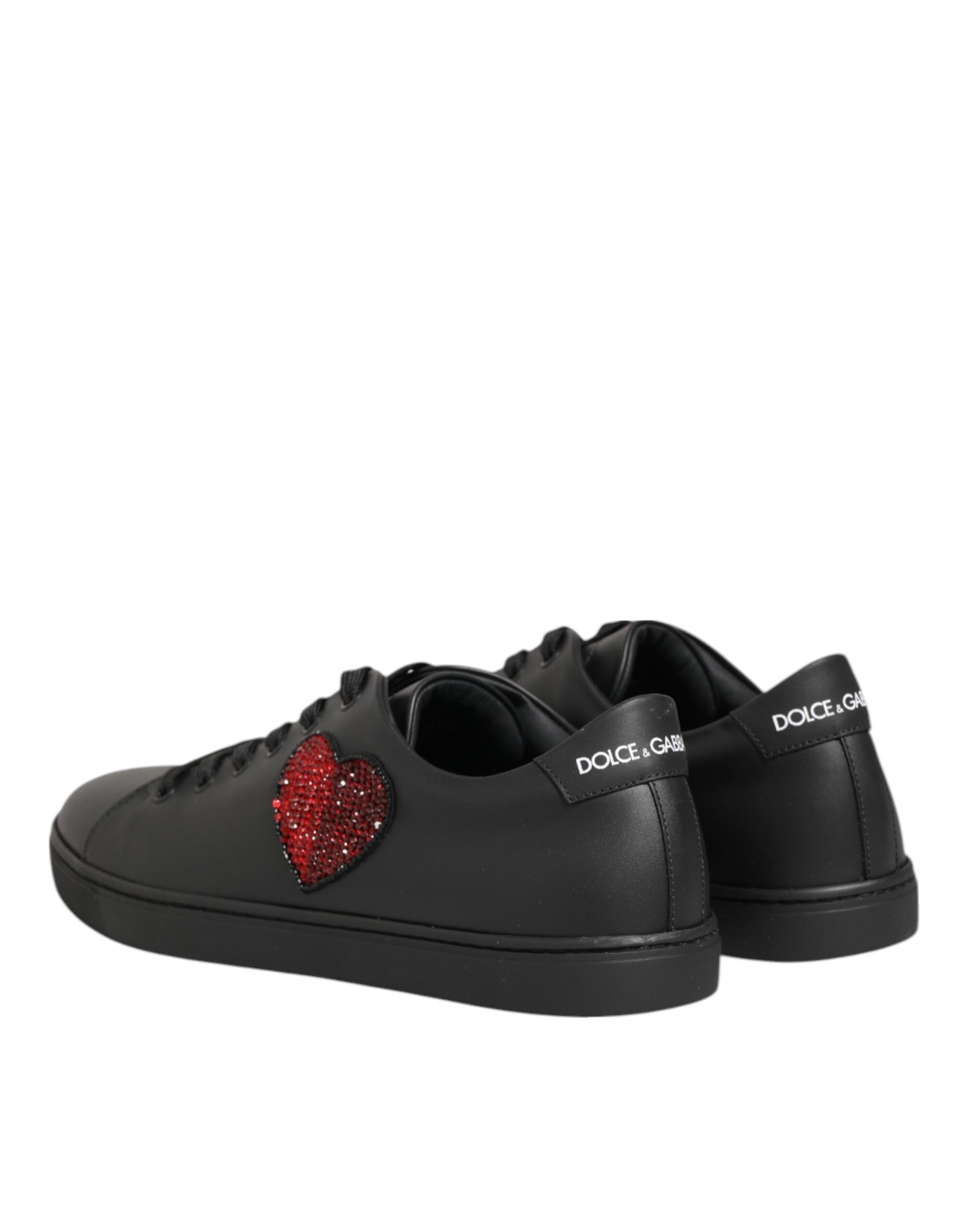 Dolce & Gabbana Black Leather Red Crystal Heart Sneakers for Women