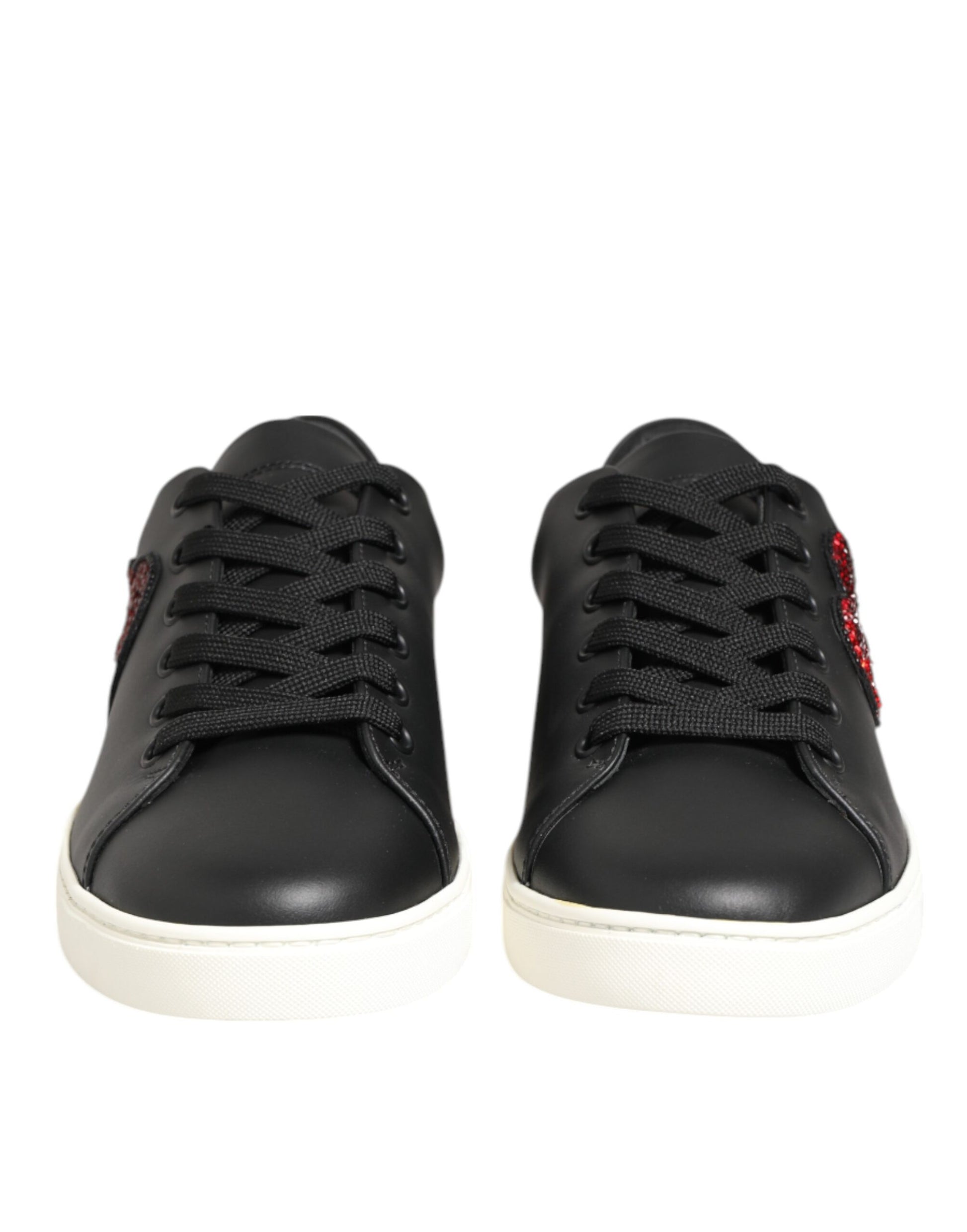 Dolce & Gabbana Black White Leather Crystal Heart Sneakers