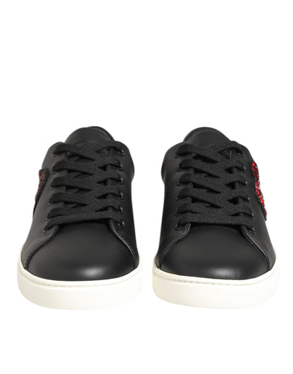 Dolce & Gabbana Black White Leather Crystal Heart Sneakers
