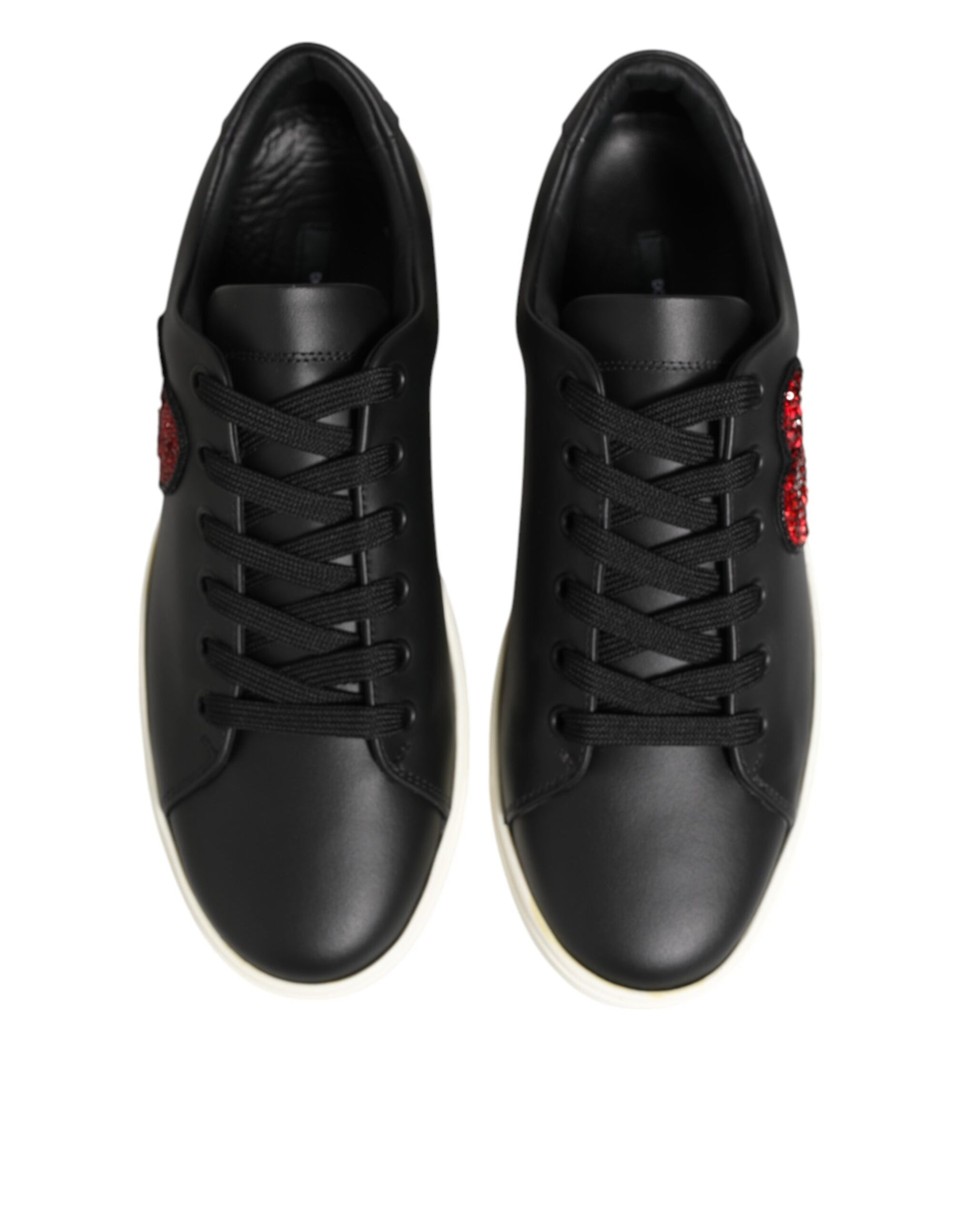 Dolce & Gabbana Black White Leather Crystal Heart Sneakers
