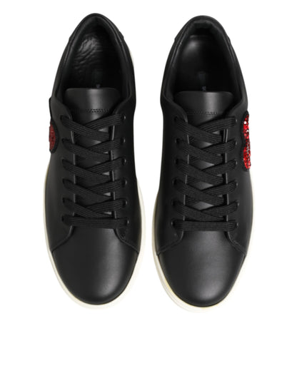 Dolce & Gabbana Black White Leather Crystal Heart Sneakers