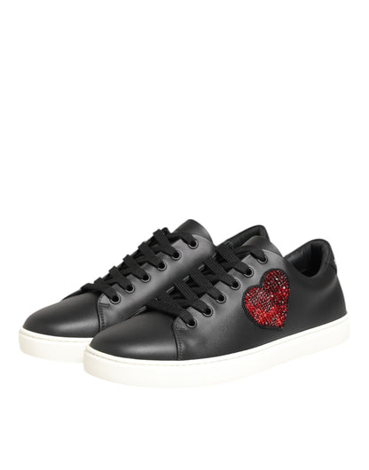 Dolce & Gabbana Black White Leather Crystal Heart Sneakers