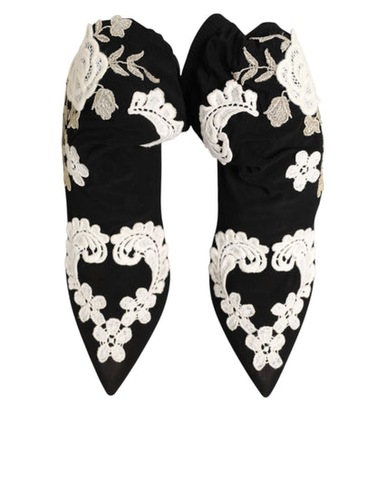 Dolce & Gabbana Black White Embroidered Jersey Stiletto Boots