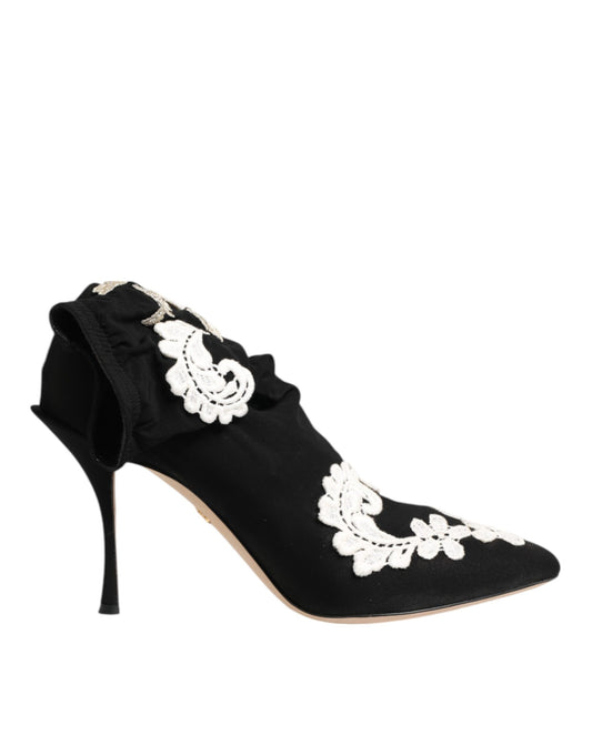 Dolce & Gabbana Black White Embroidered Jersey Stiletto Boots