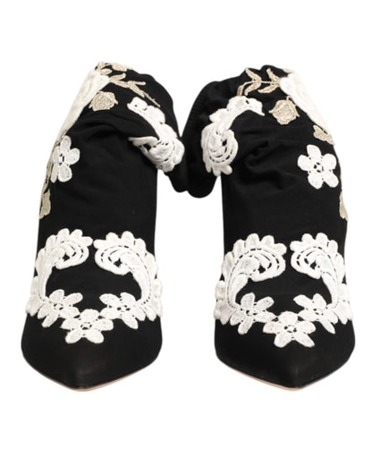 Dolce & Gabbana Black White Embroidered Jersey Stiletto Boots