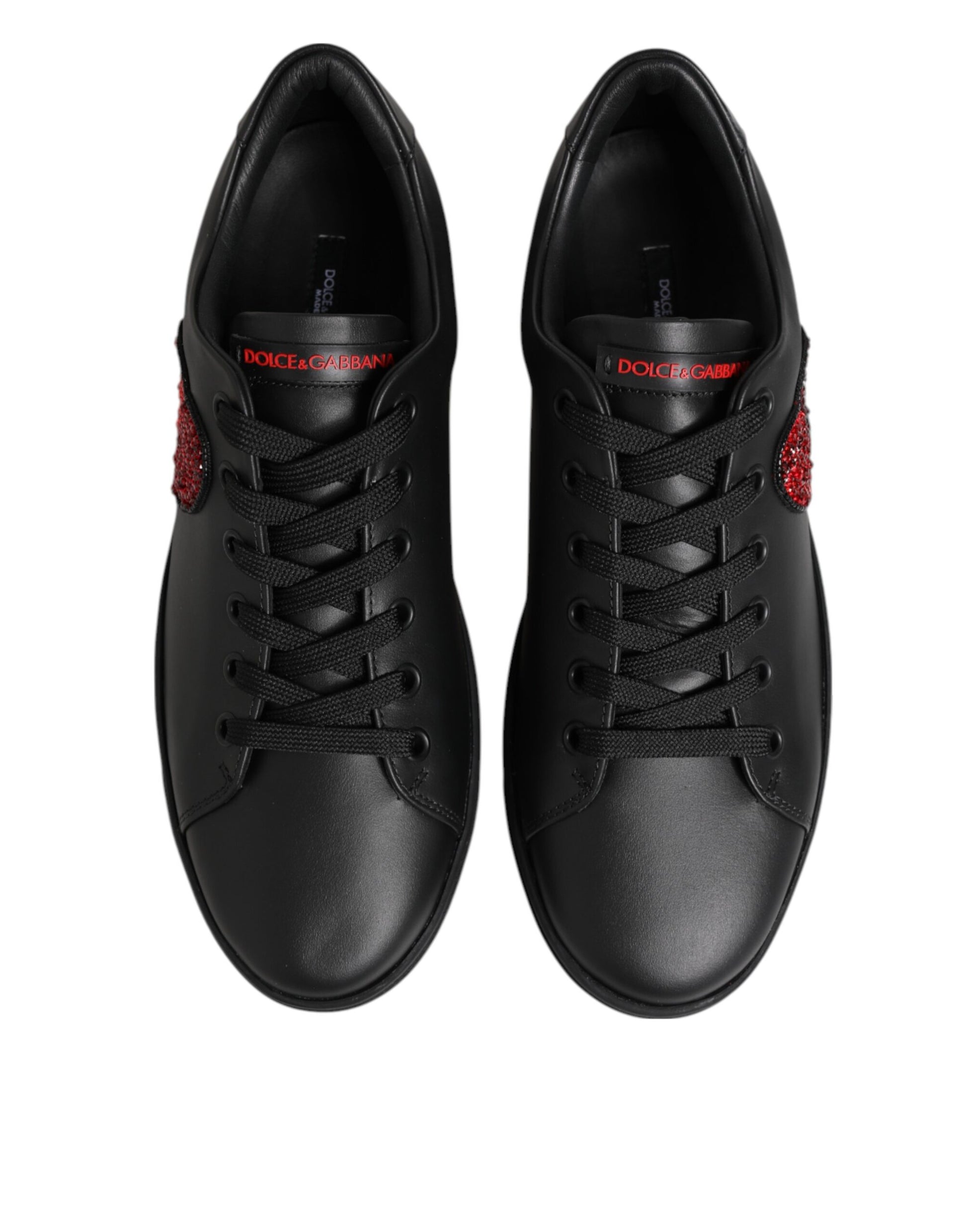 Dolce & Gabbana Black Leather Crystal Heart Low Top Sneakers