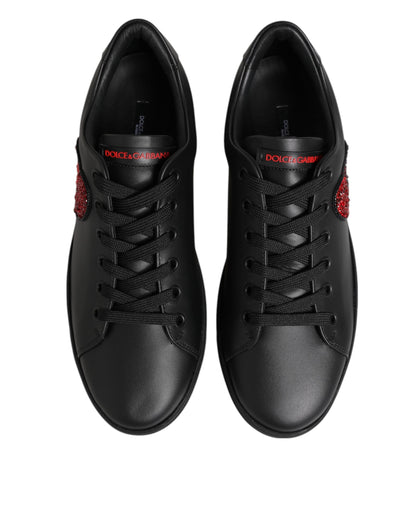 Dolce & Gabbana Black Leather Crystal Heart Low Top Sneakers