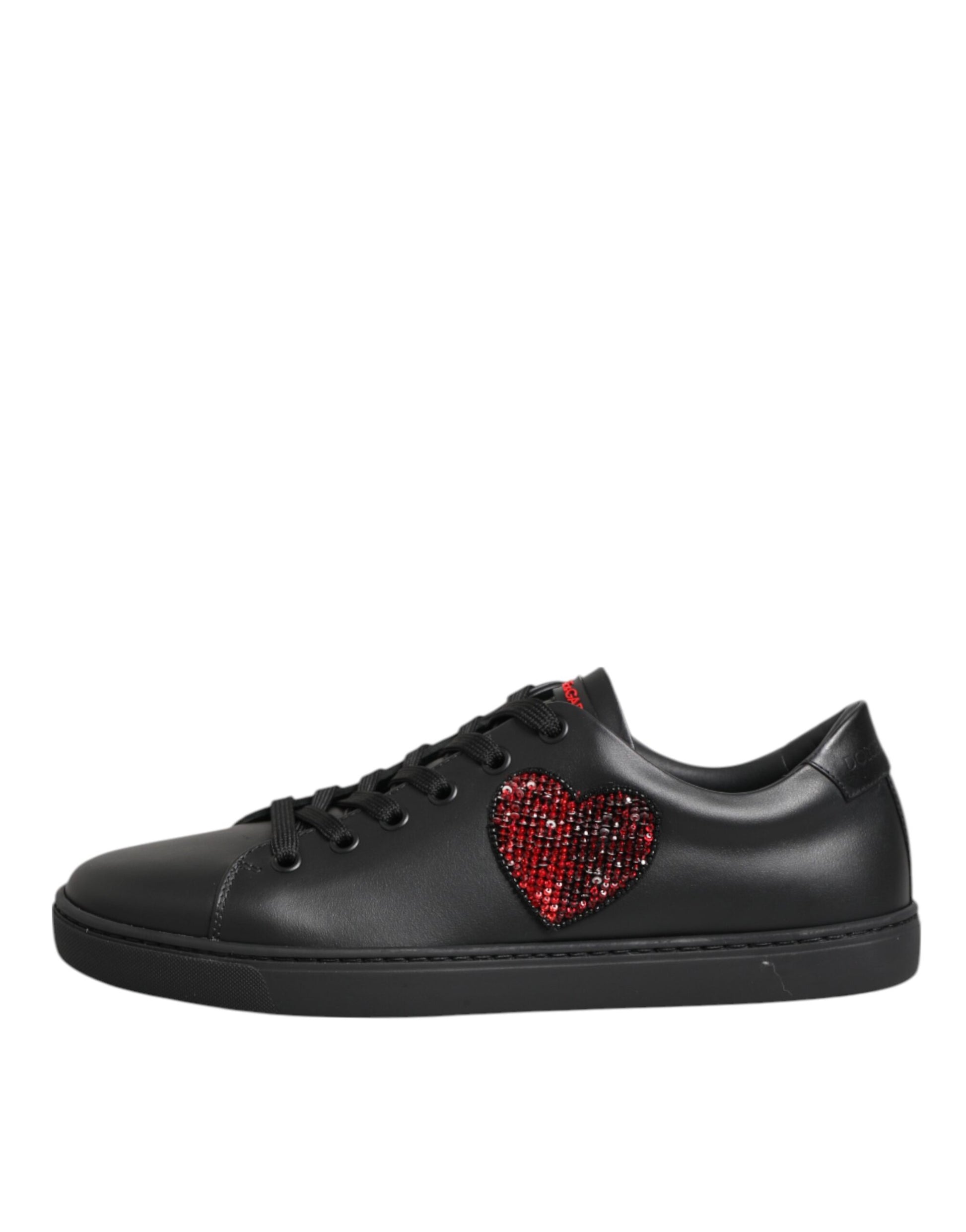 Dolce & Gabbana Black Leather Crystal Heart Low Top Sneakers