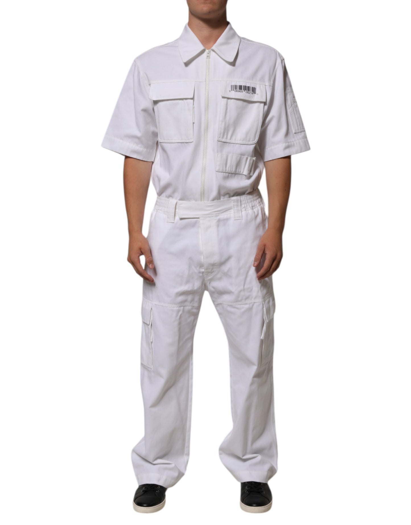 Dolce & Gabbana White Barcode Patch Utility Zip Jumpsuit for Men