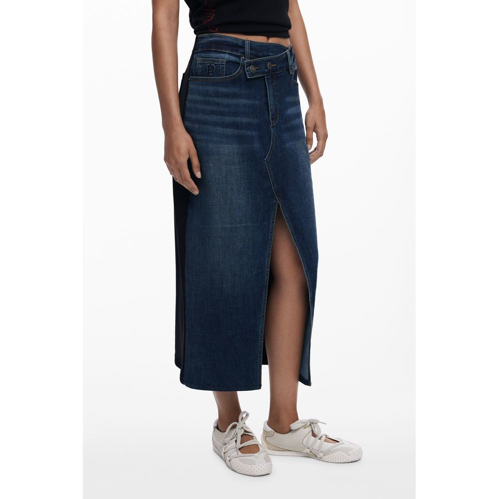Desigual Blue Cotton Women Skirt - Longuette Jeans Skirt with Twisted Silhouette