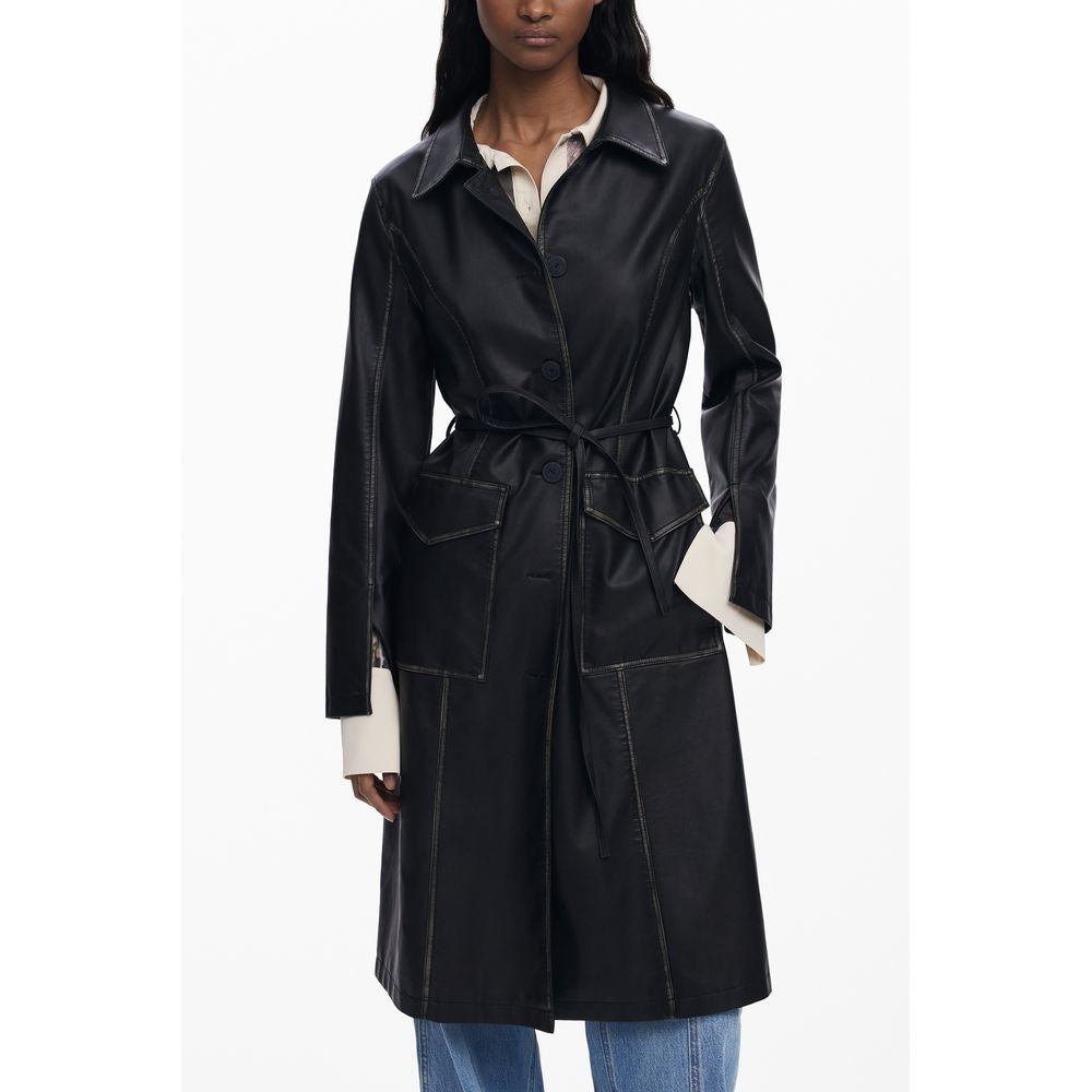 Desigual Black Faux Leather Trench Coat for Women