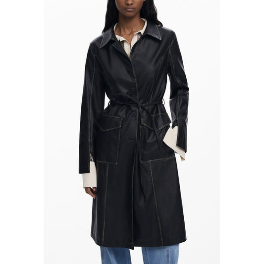 Desigual Black Faux Leather Trench Coat for Women