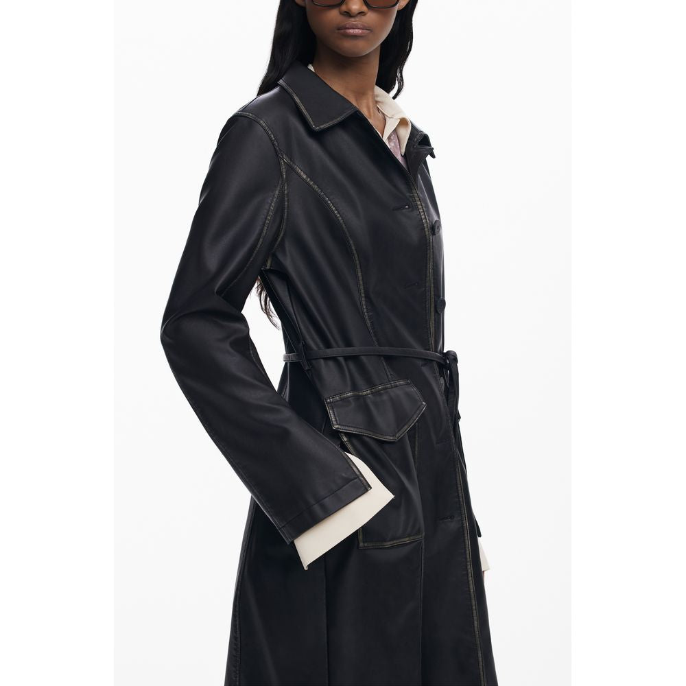 Desigual Black Faux Leather Trench Coat for Women
