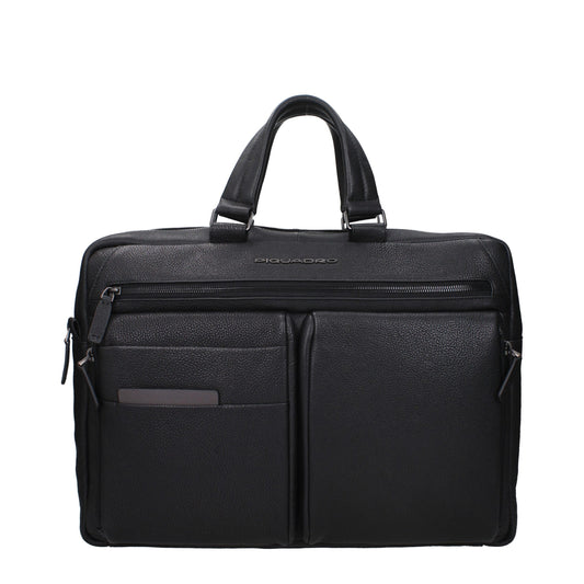 Piquadro Black Leather Business and Laptop Bag