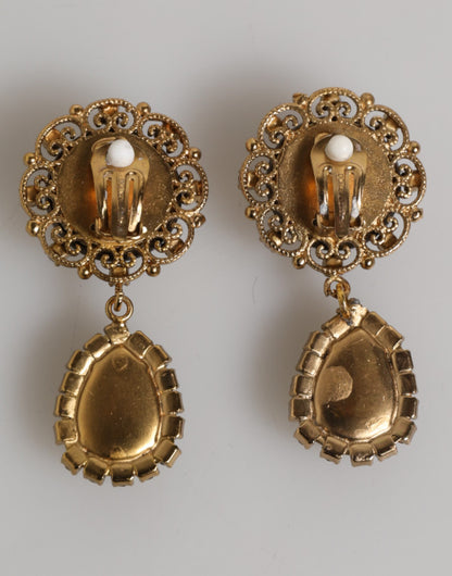 Dolce & Gabbana Gold Brass Crown Medallion Black Crystal Drop Clip On Earrings