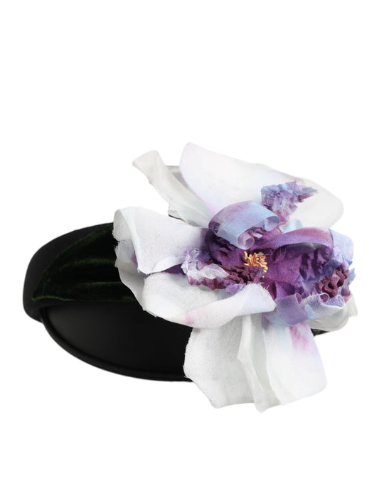 Dolce & Gabbana Black Green Silk Purple White Floral Appliqué Headband