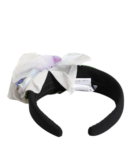 Dolce & Gabbana Black Green Silk Purple White Floral Appliqué Headband