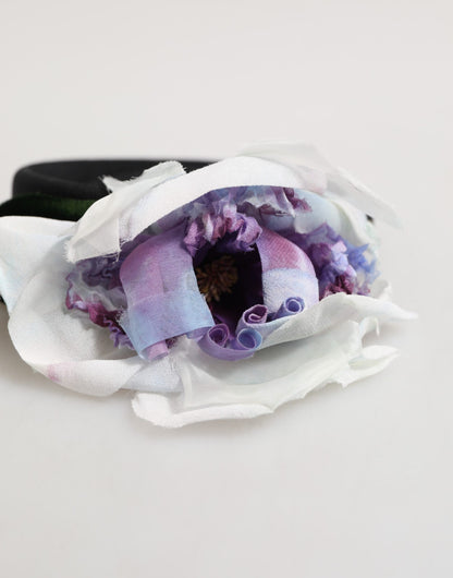 Dolce & Gabbana Black Green Silk Purple White Floral Appliqué Headband