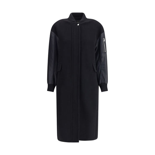 PINKO Black Maxi Bomber Coat with Contrast Satin Sleeves