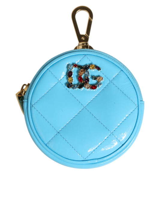 Dolce & Gabbana Azure Blue Leather Round Coin Purse Keychain with Crystal Logo