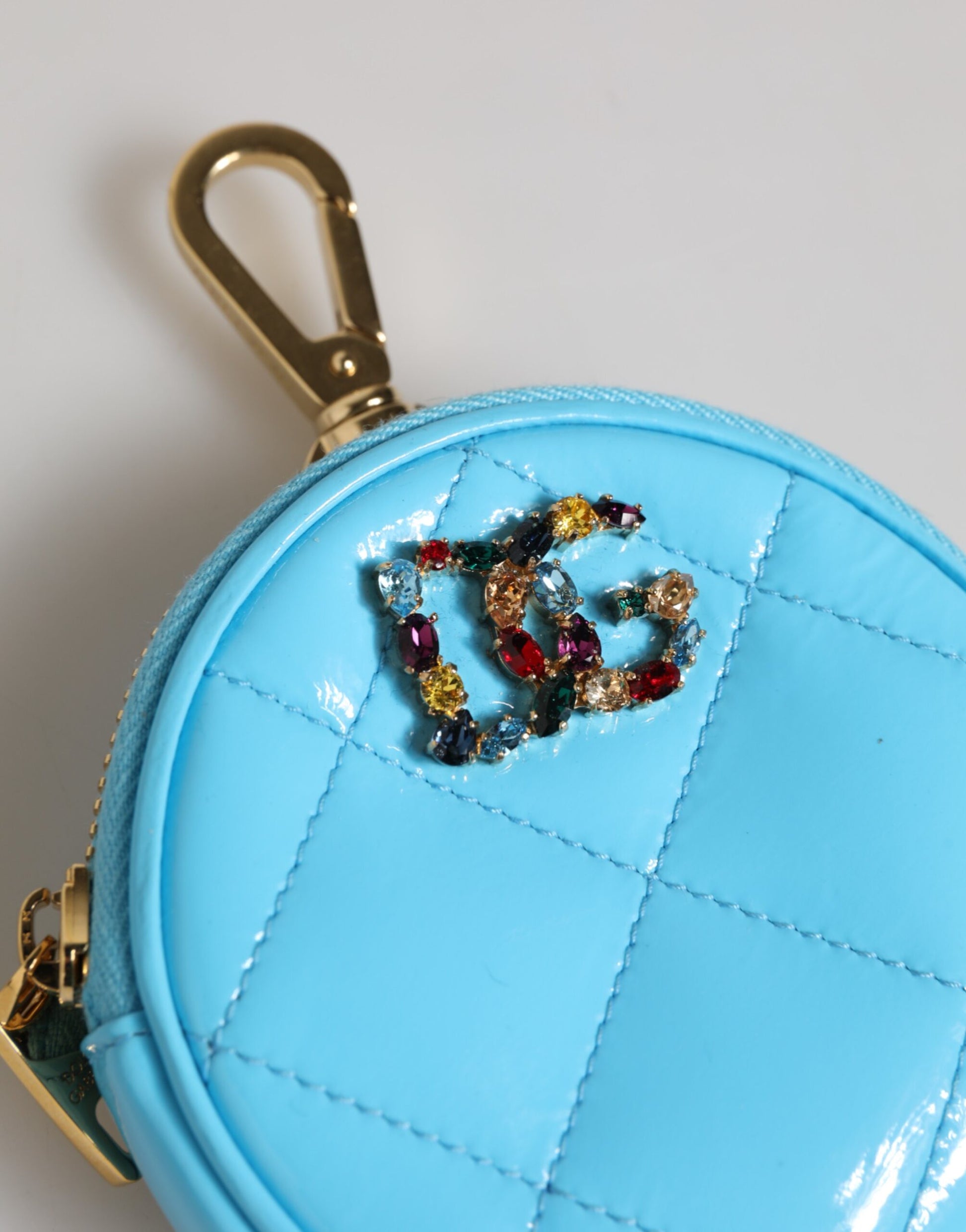 Dolce & Gabbana Azure Blue Leather Round Coin Purse Keychain with Crystal Logo