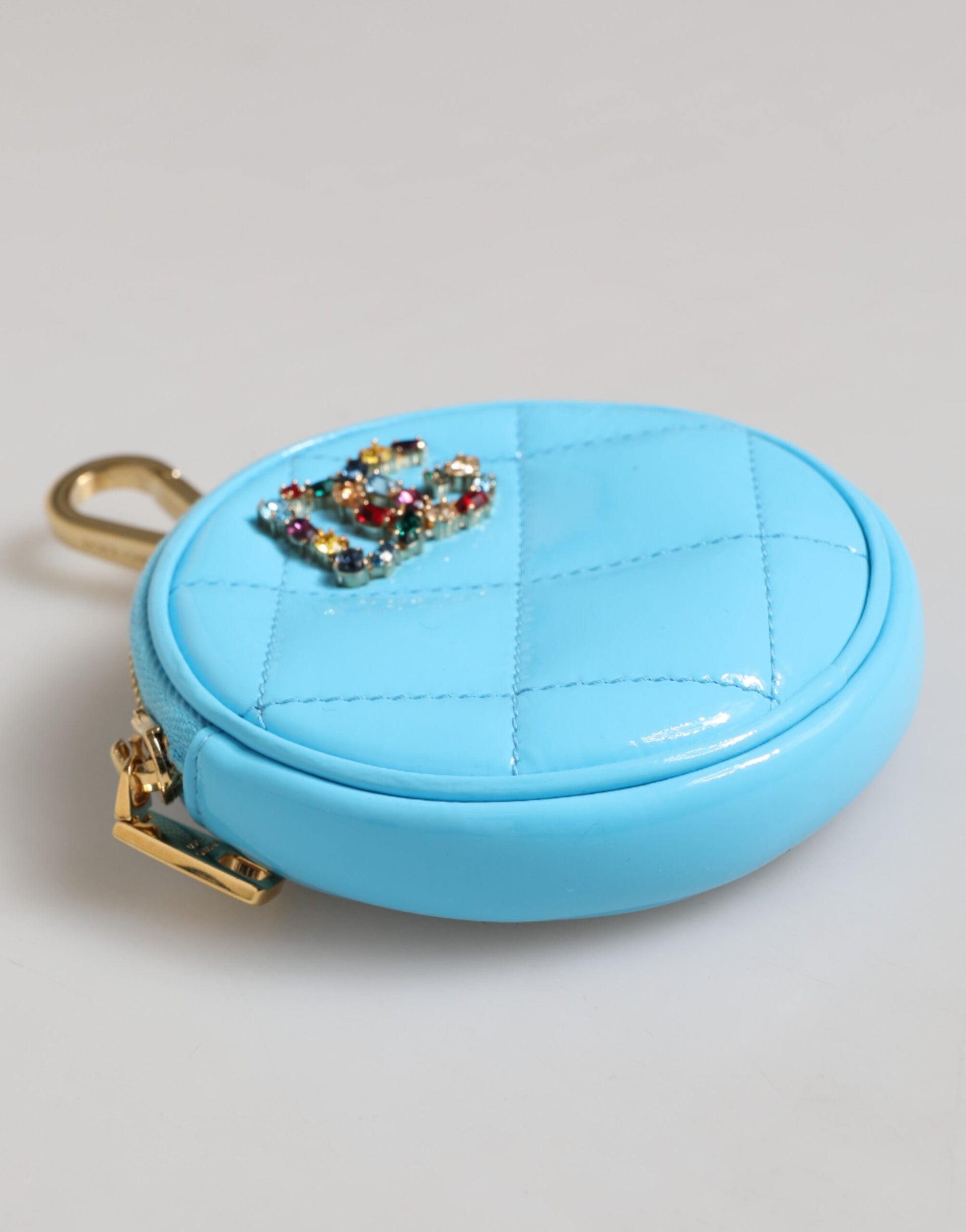 Dolce & Gabbana Azure Blue Leather Round Coin Purse Keychain with Crystal Logo