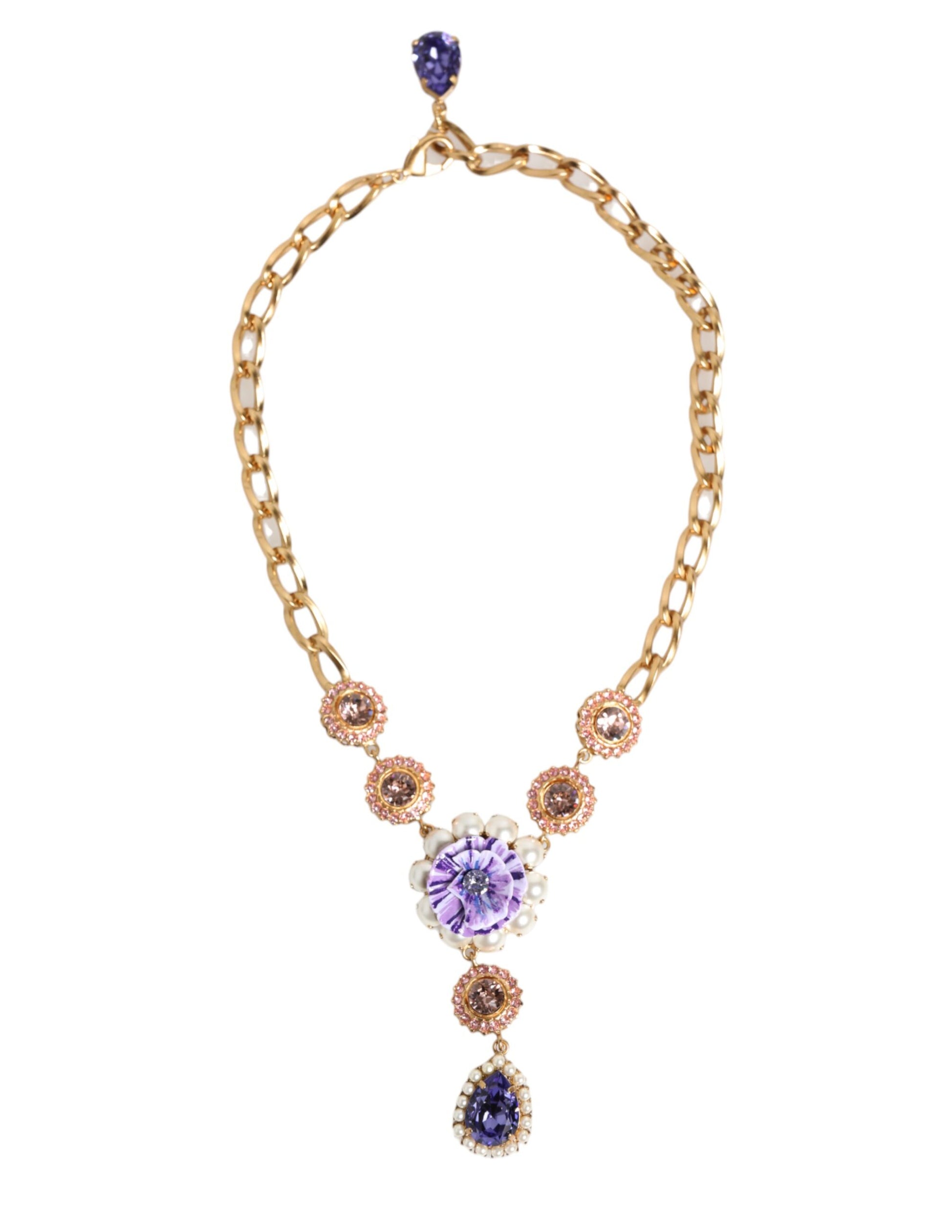 Dolce & Gabbana Gold Brass Crystal Pearl Purple Floral Pendant Necklace