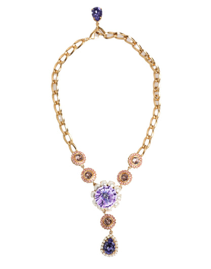 Dolce & Gabbana Gold Brass Crystal Pearl Purple Floral Pendant Necklace