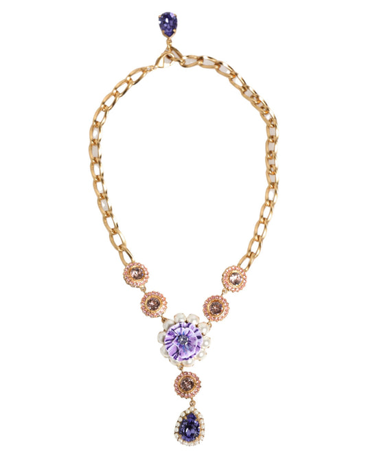 Dolce & Gabbana Gold Brass Crystal Pearl Purple Floral Pendant Necklace