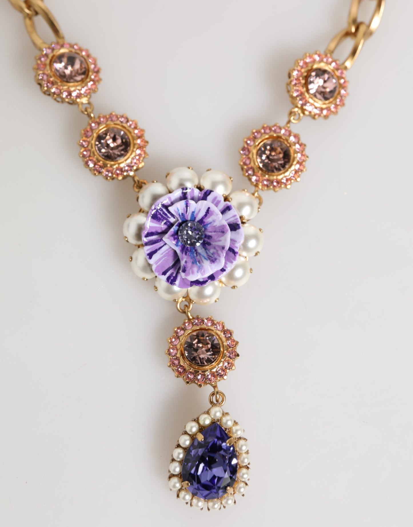 Dolce & Gabbana Gold Brass Crystal Pearl Purple Floral Pendant Necklace