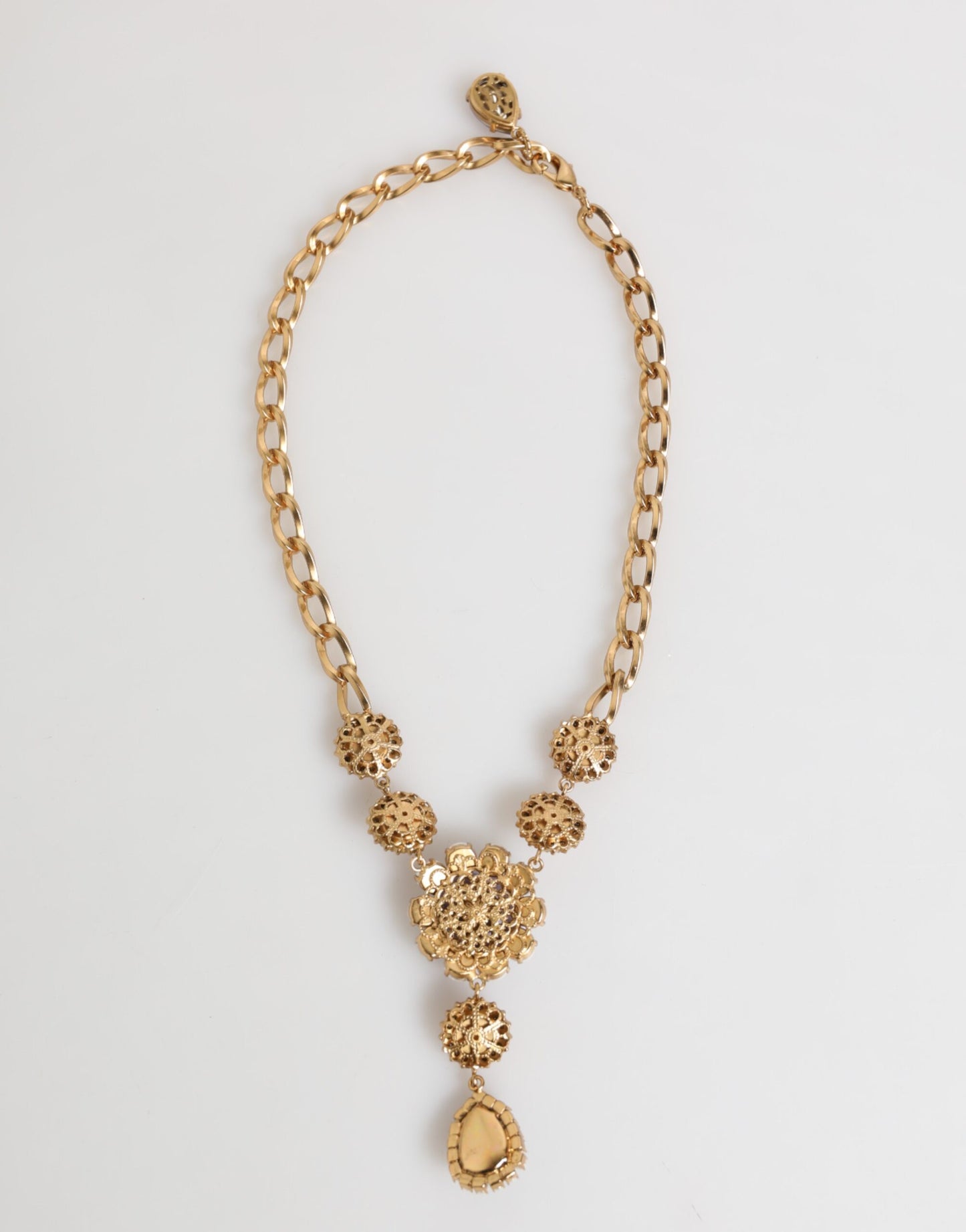 Dolce & Gabbana Gold Brass Crystal Pearl Purple Floral Pendant Necklace