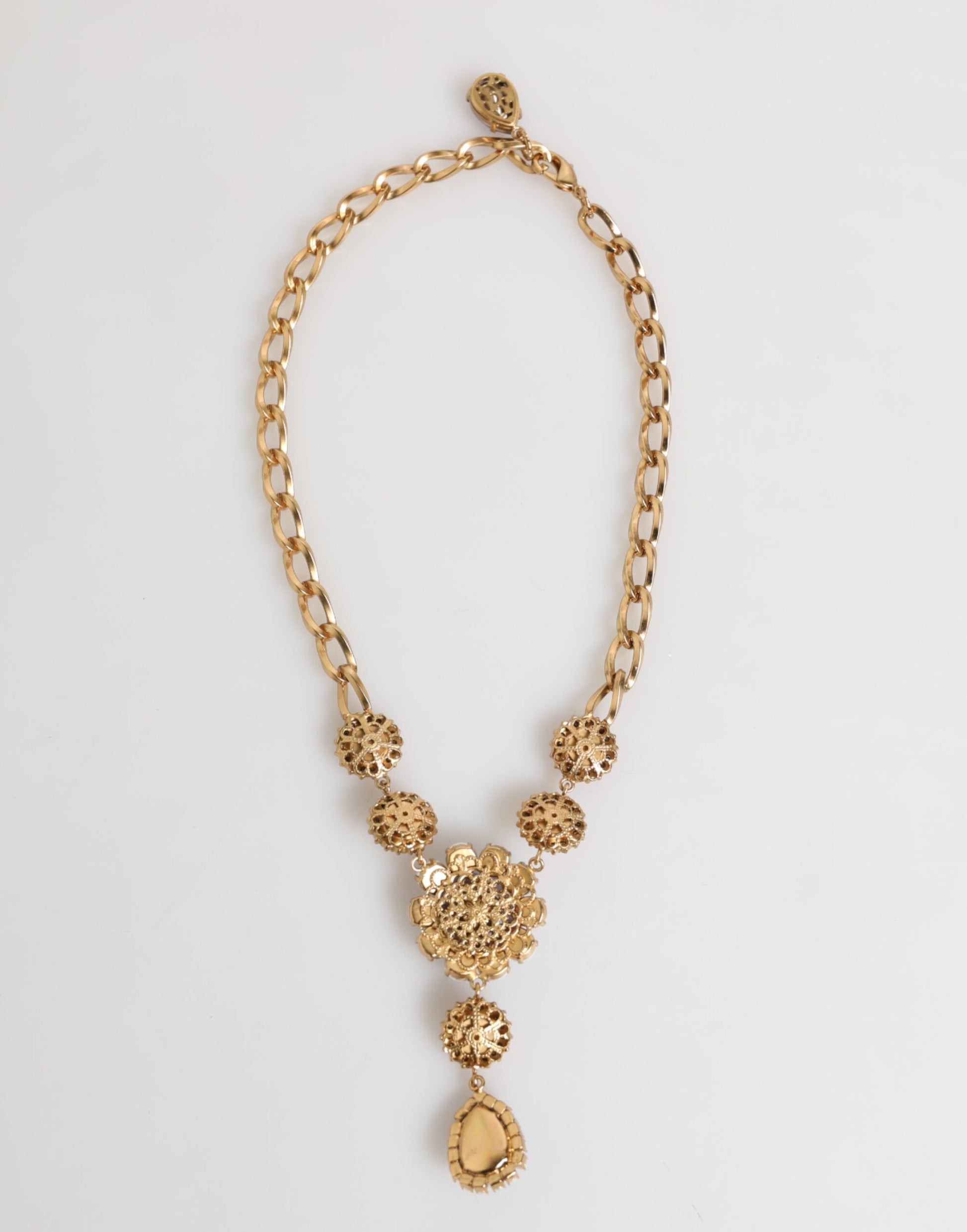 Dolce & Gabbana Gold Brass Crystal Pearl Purple Floral Pendant Necklace