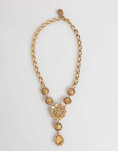 Dolce & Gabbana Gold Brass Crystal Pearl Purple Floral Pendant Necklace