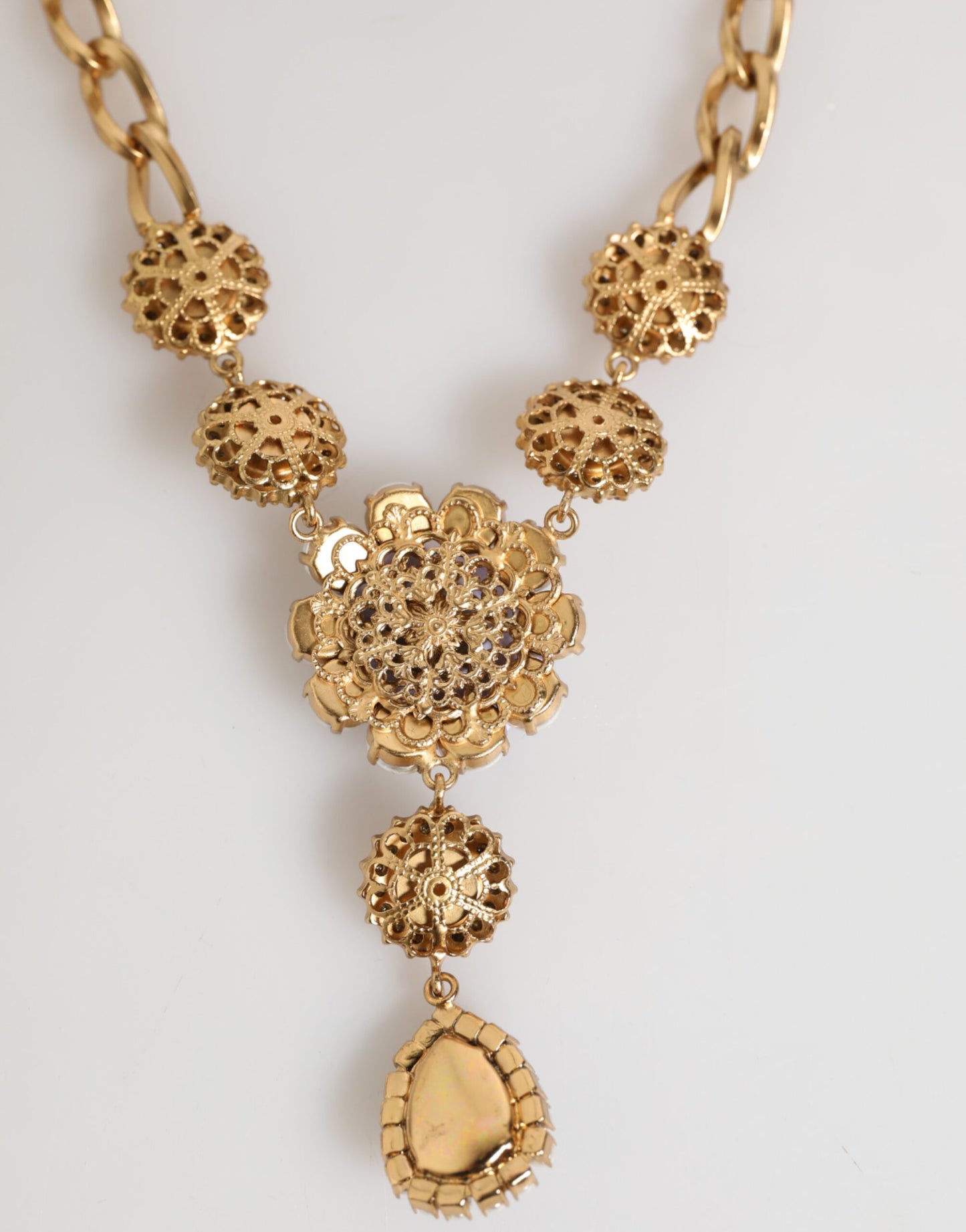 Dolce & Gabbana Gold Brass Crystal Pearl Purple Floral Pendant Necklace